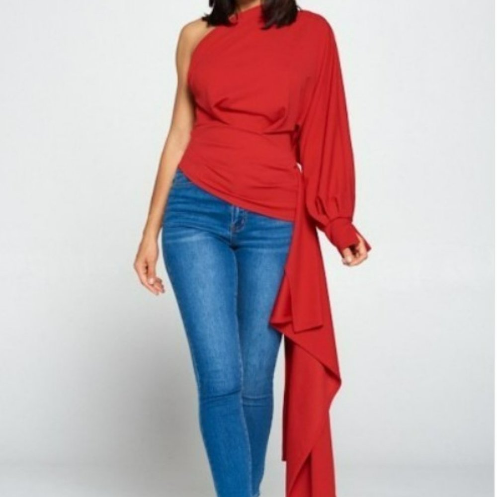 One Shoulder Red Party Holiday Blouse with Train - Just Pretty LLC